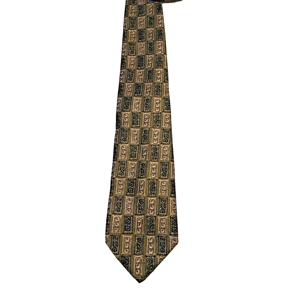 Barneys New York Rectangle Design Green Gold Brown Silk‎ Mens Tie 3.75"x57"